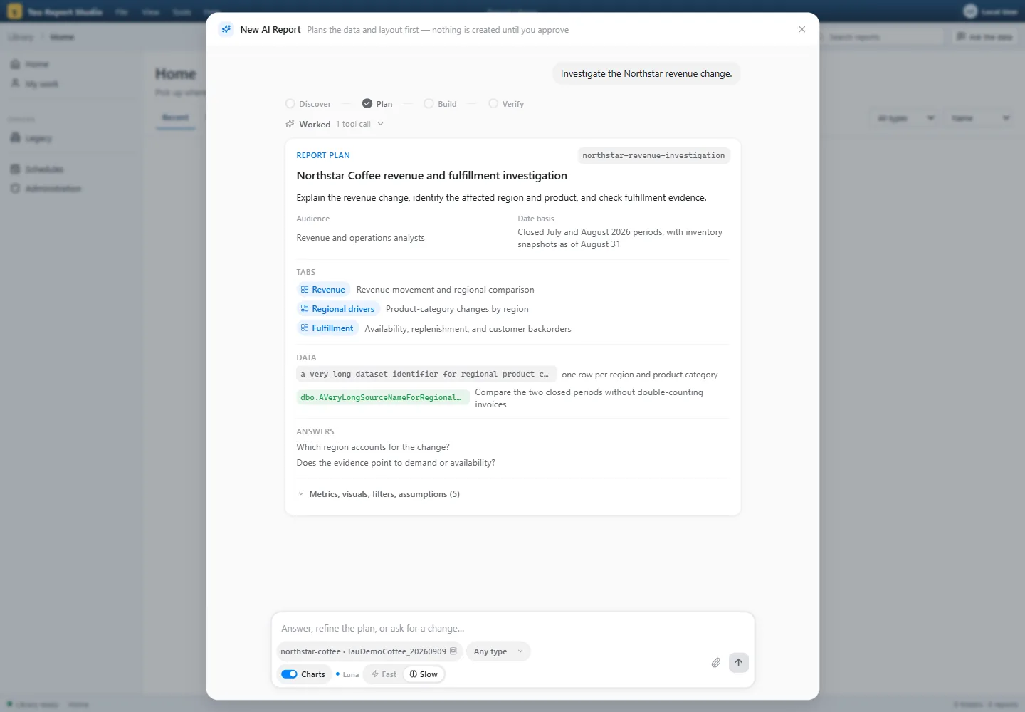 A report plan: title, audience, period, three tabs, and the questions the report will answer.