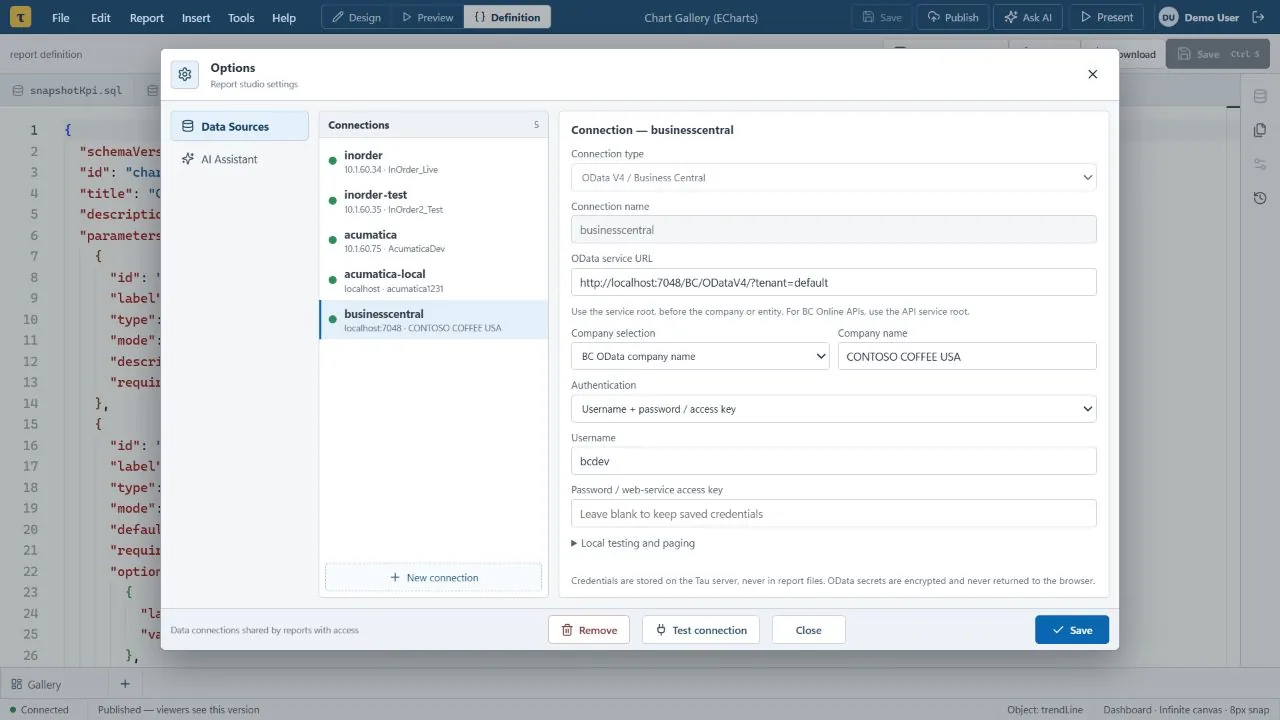 The connections settings screen listing several databases and a Business Central connection.